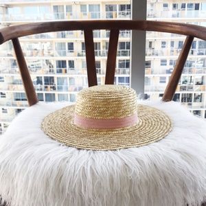 Straw Boater Hat With Blush Ribbon